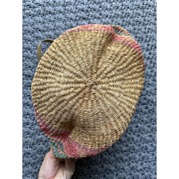 Vintage Woven Wicker Rattan Straw Handbag Tote Purse Bag Leather Straps - Picture 3 of 8